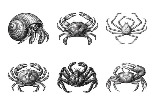 Vintage engraving style collection of various crab species and marine crustaceans including hermit crab and fiddler crab in black and white line art.