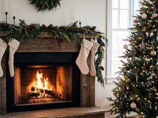 Christmas cozy living room interior with burning fireplace stockings and decorated tree