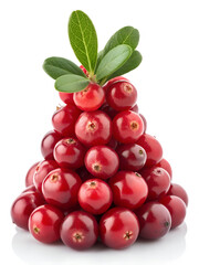 Obraz premium Fresh Organic Red Cranberries Stack with Green Leaves Isolated on White Background