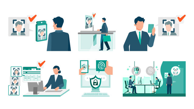 Business security illustration set using facial recognition and biometric authentication for office access control, entrance gates, attendance management and digital transformation