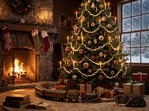 Christmas living room scene with decorated tree fireplace toy train and sleeping cat