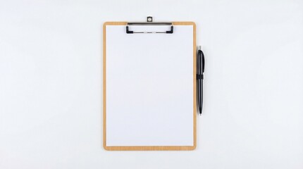 A blank clipboard with a pen placed beside it on a white background. Ideal for note-taking or planning.