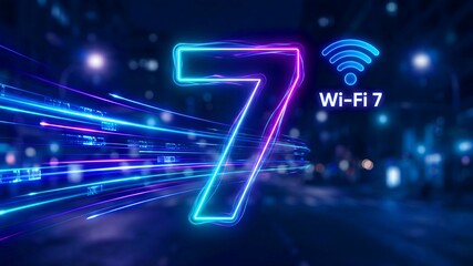 Vibrant neon glowing number seven signifies the groundbreaking arrival of extremely fast Wi-Fi 7 technology accelerating digital communication streams forward in futuristic motion.