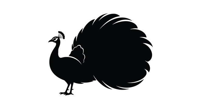 A striking black silhouette of a peacock displaying its ornate feathers ideal for design projects on transparent background high quality professional