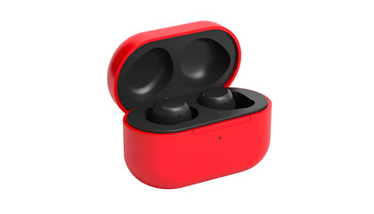 Red charging case with open lid, containing two black wireless earbuds, isolated on black