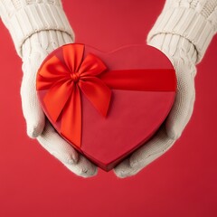 Hands holding a heart-shaped gift box wrapped in a festive red ribbon against a bold red backdrop