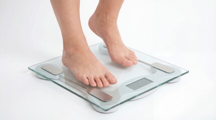 A close-up of bare feet standing on a digital bathroom scale. The scale has a glass surface and a digital display showing weight.