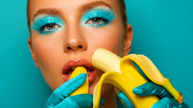 Strikingly glamorous model wearing bold turquoise feather eyelashes and glossy lips playfully interacts with a bright yellow peeled banana held by teal gloved hands.