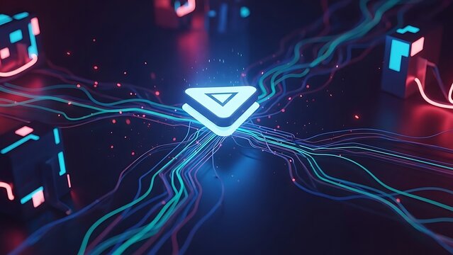 Futuristic neon arrow pointing downwards surrounded by abstract flowing lines and vibrant red and blue lights in a digital landscape from a central viewpoint