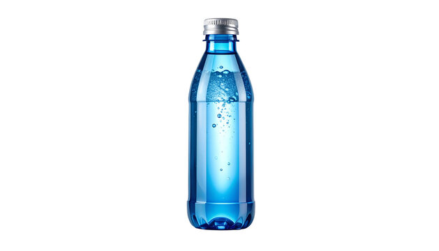 A sleek, transparent glass bottle filled with sparkling, blue-tinted water against black