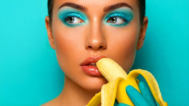 Striking beauty portrait featuring vibrant teal glitter eyeshadow and glossy lips as the subject sensually bites into a peeled yellow banana for a bold visual statement.
