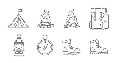 Obraz premium Camping and hiking equipment icons vector illustration for outdoor adventures