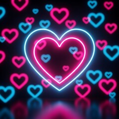 Glowing neon hearts floating in a vibrant cosmic background of love and affection