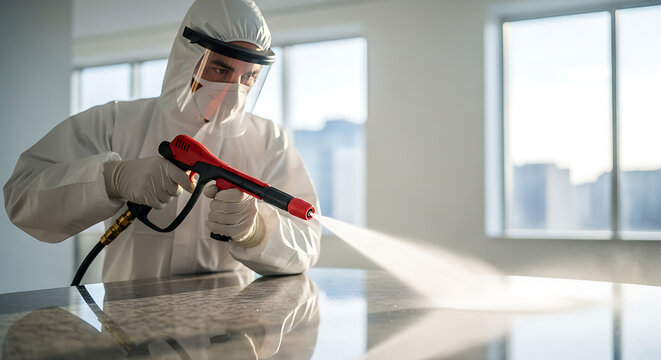 Person in protective suit cleaning surface with disinfectant spray in a modern office building interior with large windows