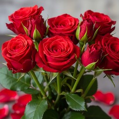 A vibrant bouquet of deep red roses with lush green foliage and delicate petals.