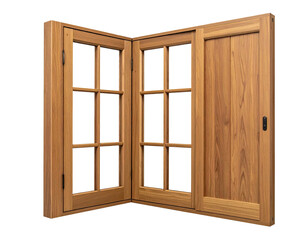 Obraz premium Wooden corner window with glass panes and a sliding door