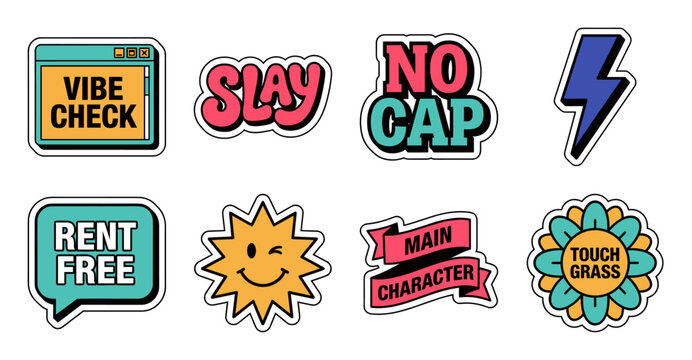 Gen Z Slang Sticker Pack with Retro Typography and Icons