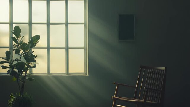 Natural light rays streaming through a window illuminate a fiddle leaf fig plant and a wooden chair, creating a serene and peaceful atmosphere within the quiet, empty room