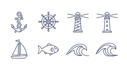 Obraz premium Nautical icon set anchor ship wheel lighthouse sailboat fish waves