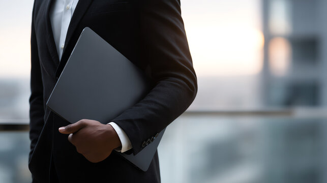A businessman in a suit standing confidently with a laptop, symbolizing professionalism and modern work culture.