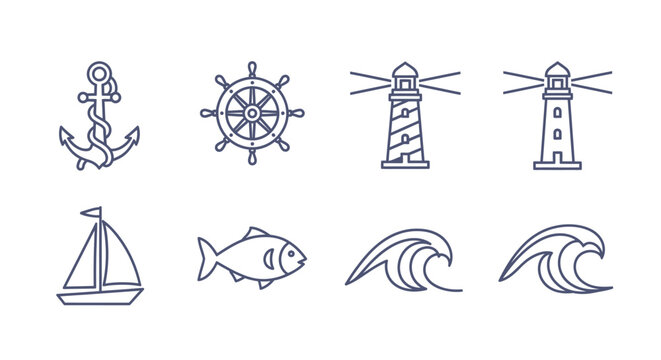 Nautical icon set anchor ship wheel lighthouse sailboat fish waves