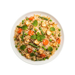 Delicious paneer biryani, indian cuisine with vegetables and spices on white plate