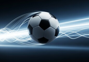 Naklejka premium Dynamic Soccer Ball Streaking Through Colorful Light Trails, Capturing High-Speed Action and Energy.