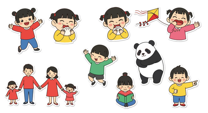 Collection of cheerful cartoon children, a happy family, and a cute panda illustration set depicting various activities and emotions.