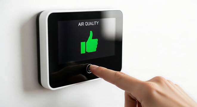 A hand interacts with a wall-mounted air quality monitor displaying a thumbs up green icon indicating good air quality indoors