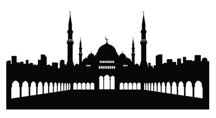 Silhouette of mosque architecture with minarets and dome against white background © JoniStock