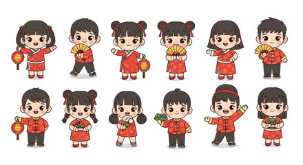 Obraz premium Cute cartoon children celebrating Chinese New Year in traditional red outfits, holding lanterns, fans, and gifts.