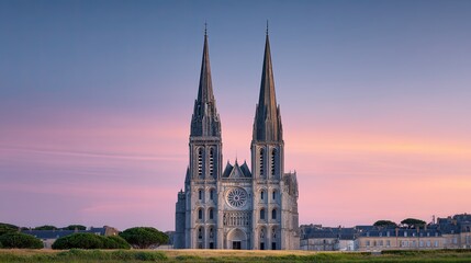 Obraz premium Majestic Gothic Cathedral with Two Tall Spires Under a Beautiful Sunset Sky in an Urban Setting with Soft Pastel Clouds and Green Landscape