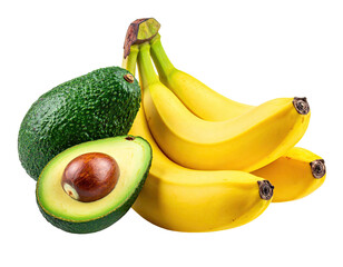 Bunch of bananas with an avocado, one half cut open