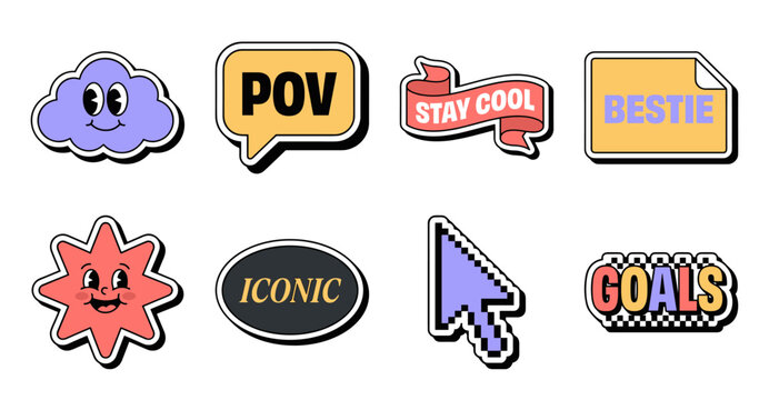Retro Gen Z Sticker Set with Trendy Slang and Y2K Graphics