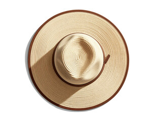 Overhead view of a circular, woven hat with a brown brim