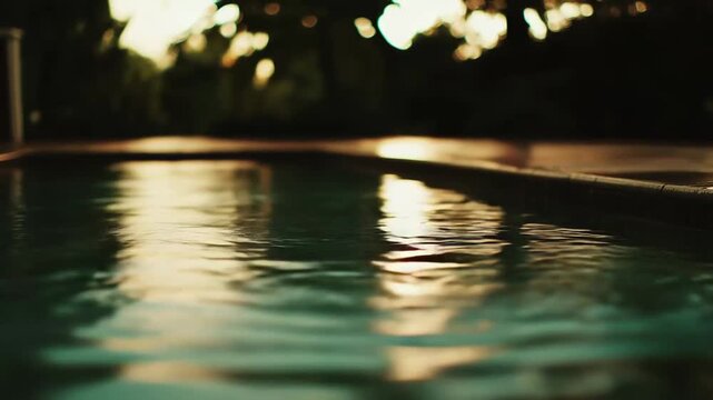 Water rippling gently in a swimming pool, reflecting warm lights from the blurred background, creating a serene and tranquil atmosphere for relaxation and escape