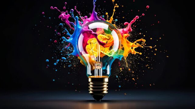 Creative idea light bulb explosion with vibrant colorful paint splashes on black background
