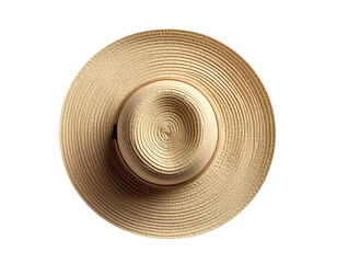 Overhead view of a circular, woven hat with a brown band on black