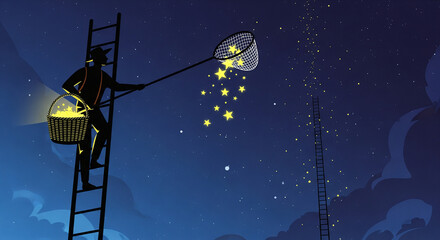 Conceptual illustration of a man on a ladder catching falling stars with a net. &bull; Dreamy night scene: a silhouette gathering stars into a glowing basket.