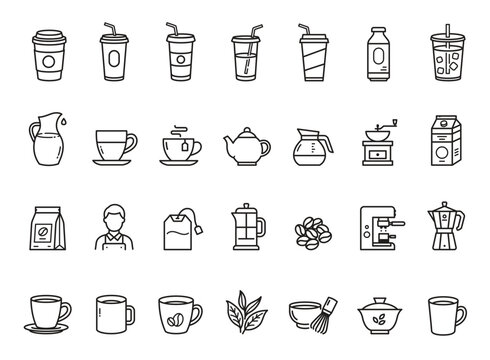 Coffee and tea drink line icon set vector illustration.	