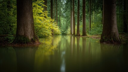 Fototapeta premium Serene Forest Landscape with Tranquil Water Reflecting Tall Trees and Lush Greenery, Creating a Peaceful Natural Sanctuary in the Heart of Nature