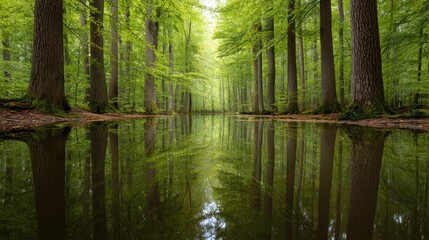 Obraz premium Serene Reflection of Lush Green Trees in Calm Water Surrounded by Nature, Inviting Peacefulness and Tranquility in a Pristine Forest Environment