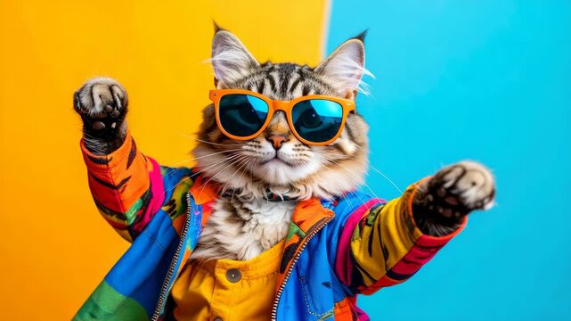 Cool cat wearing sunglasses and a vibrant jacket with paws raised
