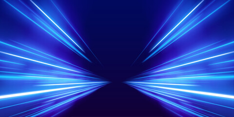 Futuristic high-speed light motion and abstract blue streaks represent the advancement of 5G and beyond technologies. Fiber optics and wireless data transmission enable faster connectivity.  © goldstock