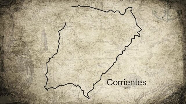 Corrientes map drawn on a cartography background sheet of paper