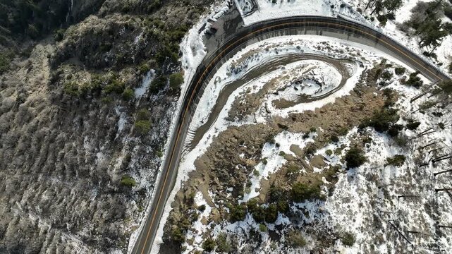 Angeles Crest Highway at Mount Williamson Winter Snow Aerial Shot Look Down California USA