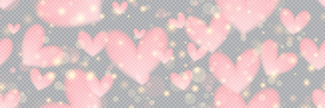 Abstract seamless pattern with bokeh hearts, flares and lights. Transparent bg with hologram effect. Vector illustration with overlay effects and gradient mesh