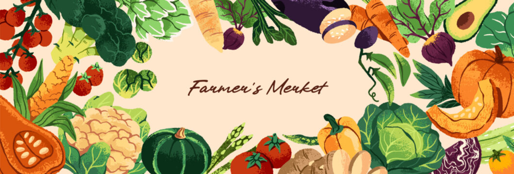 Design of banner with round border from different organic vegetables and natural agricultural crops. Circle frame from harvest of various veggies and healthy farm food. Flat vector illustration