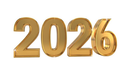 Golden 3 D year 2026 with glossy reflective surface isolated on a transparent background