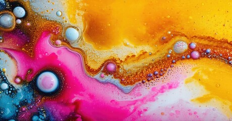 Abstract fluid art. Vibrant colors blend, creating swirling patterns. Bubbles, textures suggest movement, energy. Beautiful, dynamic composition.